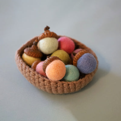 Pastel Felted Acorns in Basket